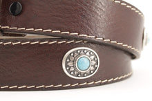Carica l'immagine nel visualizzatore di Gallery, western-cintura-cuoio-artigianale-jeandessel-vintage-leather-belt-handmade-studs-borchie-turchesi-turquoise-