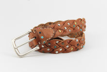 Load image into Gallery viewer, cinture-intrecciata-borchie-turchesi-artigianale-handmade-leather-belt-
